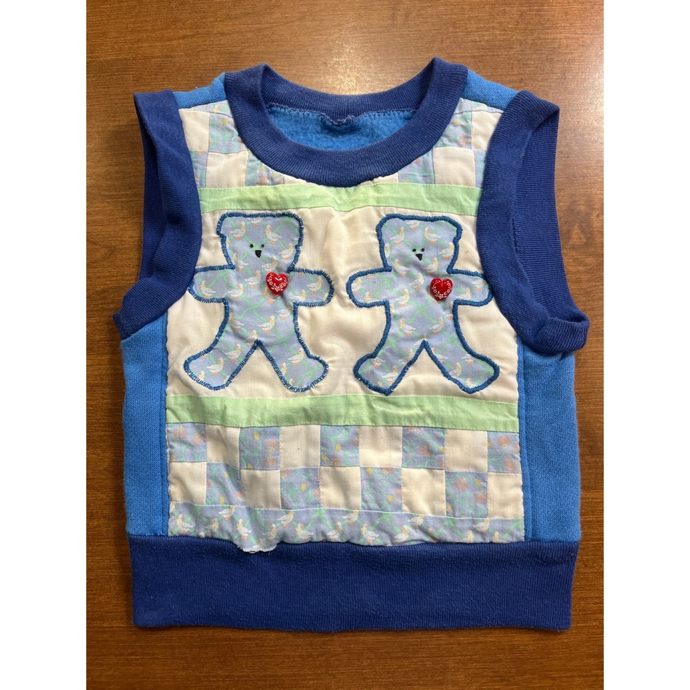 Vintage Handmade Quilted Vest Baby Toddler Blue Teddy Bear Applique Sleeveless